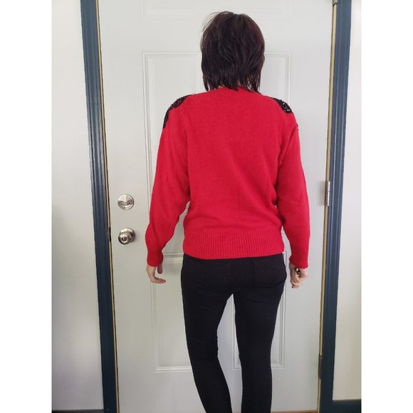 80s Red with Black Lace Sweater - Picture 3 of 5